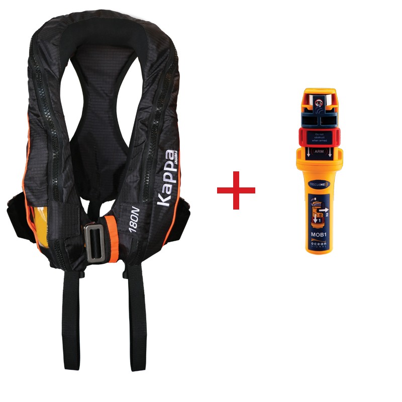 Kappa Inflatable Lifejacket, Auto, 180N, with JS1, with Double Crotch Harness,ISO, Adult, with Ocean Signal MOB1,Set Inflatab...