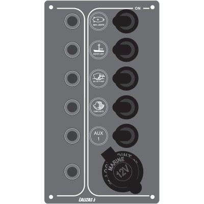 Switch Panel, 5 Waterproof Switches & Autom. Fuses, Inox 316, 12V Switch Panels & Accessories