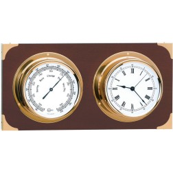 Barometer & Clock, Ø100mm, Brass, Mahogany Base Weather Instruments & Clocks